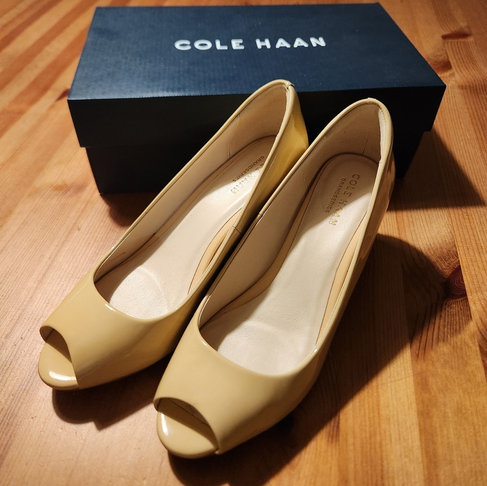 Cole Haan Nude Patent Peep-toe Wedge